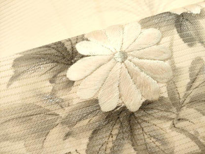 平和屋着物＊夏物　九寸名古屋帯　作家物　手描き　刺繍　草花文　銀彩　正絹　逸品　DABH1731cd