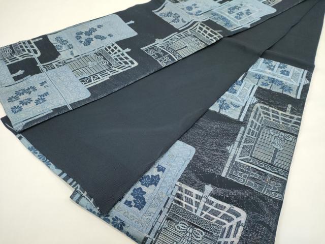平和屋着物＊夏物　六通柄袋帯　藍　御所車花文　銀糸　正絹　逸品　DABH1738cd