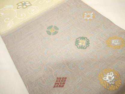 平和屋着物▽両方向　両面　全通柄袋帯　スリーシーズン　春夏秋　名物裂文　月のしらべ　金糸　正絹　逸品　DABH1751cd