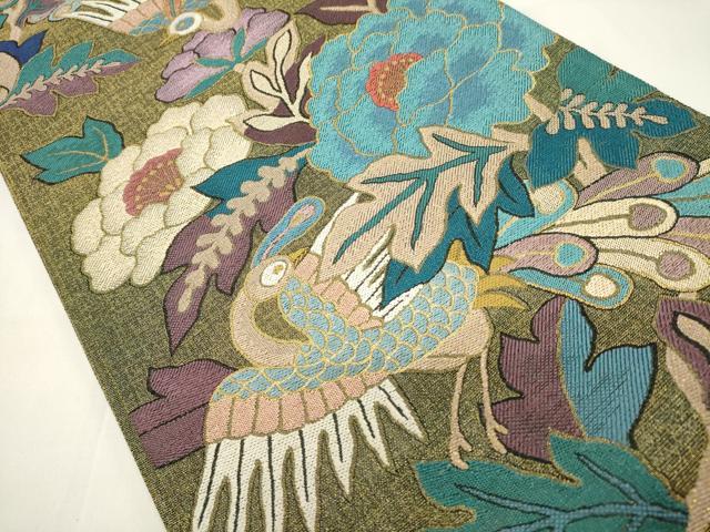 平和屋着物▽六通柄袋帯　スリーシーズン　春夏秋　花鳥文　金糸　正絹　逸品　DABH1754cd