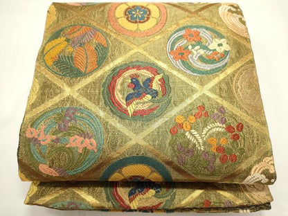 平和屋着物▽六通柄袋帯　スリーシーズン　春夏秋　唐織　花鳥丸文　金糸　正絹　逸品　DABH1755cd
