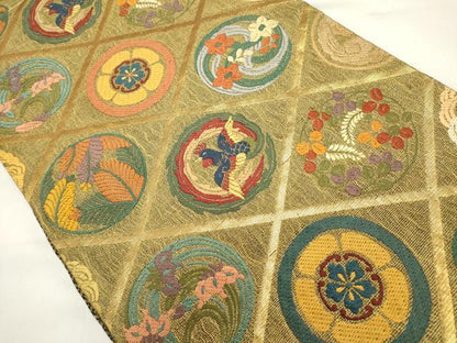 平和屋着物▽六通柄袋帯　スリーシーズン　春夏秋　唐織　花鳥丸文　金糸　正絹　逸品　DABH1755cd