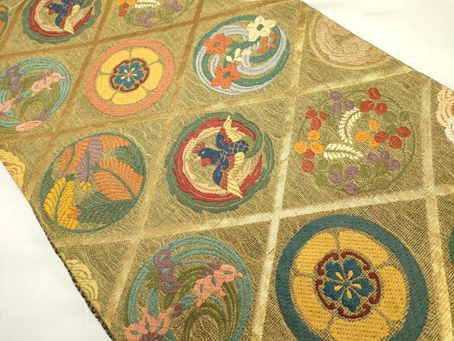 平和屋着物▽六通柄袋帯　スリーシーズン　春夏秋　唐織　花鳥丸文　金糸　正絹　逸品　DABH1755cd
