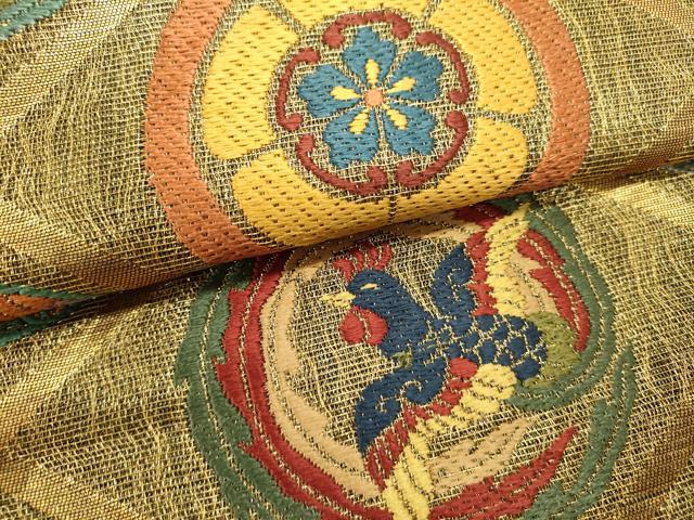 平和屋着物▽六通柄袋帯　スリーシーズン　春夏秋　唐織　花鳥丸文　金糸　正絹　逸品　DABH1755cd