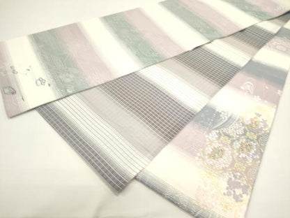 平和屋着物▽両面　太鼓柄袋帯　スリーシーズン　春夏秋　雪輪花文　金銀糸　やまと誂製　正絹　逸品　DABH1756cd