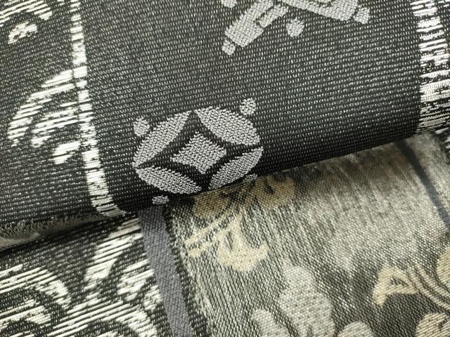 平和屋着物▽両面　六通柄袋帯　スリーシーズン　春夏秋　青海波花文　宝尽くし　黒地　銀糸　正絹　逸品　DABH1758cd