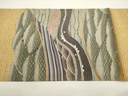 平和屋着物▽太鼓柄袋帯　スリーシーズン　春夏秋　すくい織　立波文　正絹　逸品　DABH1763cd