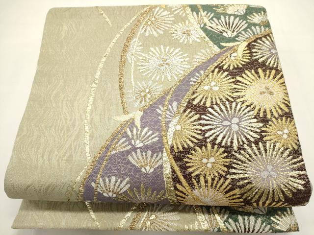 平和屋着物▽六通柄袋帯　スリーシーズン　春夏秋　松葉文　金糸　正絹　逸品　DABH1772cd