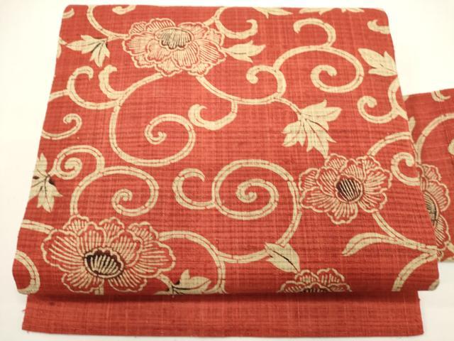 平和屋着物＊夏物　全通柄九寸名古屋帯　型染め　花唐草文　正絹　逸品　DABH1784cd