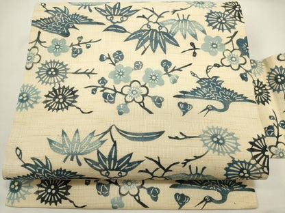 平和屋着物＊夏物　九寸名古屋帯　藍　型染め　花鳥文　麻　逸品　DABH1785cd