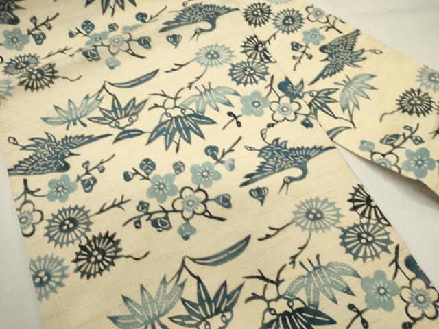 平和屋着物＊夏物　九寸名古屋帯　藍　型染め　花鳥文　麻　逸品　DABH1785cd