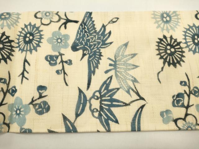 平和屋着物＊夏物　九寸名古屋帯　藍　型染め　花鳥文　麻　逸品　DABH1785cd