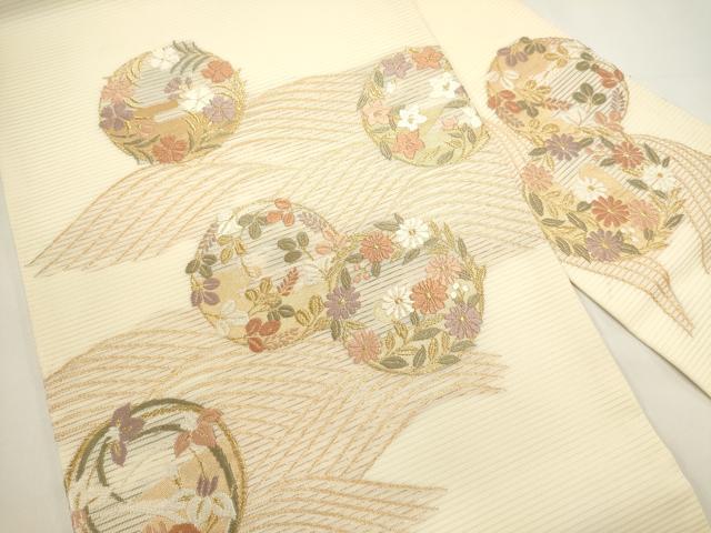平和屋着物＊夏物　九寸名古屋帯　唐織　流水花丸文　金糸　正絹　逸品　DABH1792cd