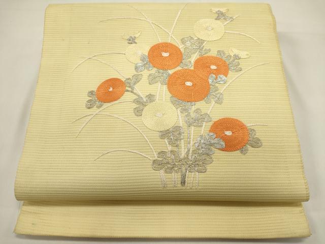 平和屋着物＊夏物　九寸開き名古屋帯　総刺繍　駒刺繍　草花文　菊　銀糸　正絹　逸品　DABH1802cd