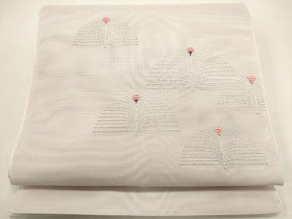 平和屋着物＊夏物　八寸名古屋帯　総刺繍　枝花文　銀糸　正絹　逸品　DABH1810cd