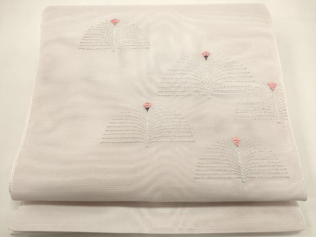 平和屋着物＊夏物　八寸名古屋帯　総刺繍　枝花文　銀糸　正絹　逸品　DABH1810cd