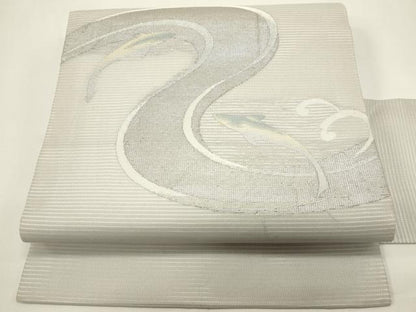 平和屋着物＊夏物　九寸名古屋帯　流水文　魚　銀糸　正絹　逸品　DABH1813cd