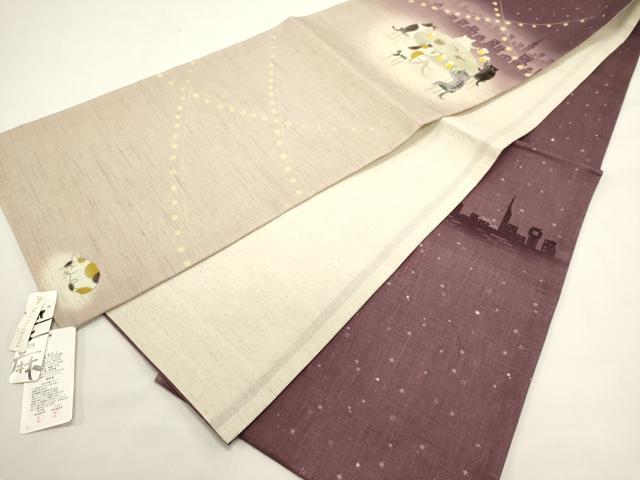 平和屋着物＊夏物　WAKKA　ワッカ　全通柄　京袋帯　猫　麻　逸品　未使用　DABH1852cd