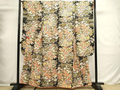 平和屋着物■豪華振袖　草花文　黒地　正絹　逸品　DABH1878cd