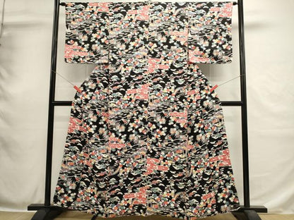 平和屋着物■上質な小紋　流水風景花文　黒地　銀彩　正絹　逸品　DABH1916cd