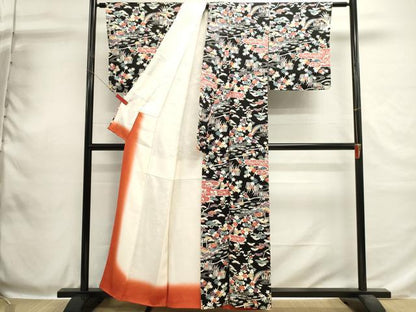 平和屋着物■上質な小紋　流水風景花文　黒地　銀彩　正絹　逸品　DABH1916cd