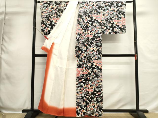 平和屋着物■上質な小紋　流水風景花文　黒地　銀彩　正絹　逸品　DABH1916cd