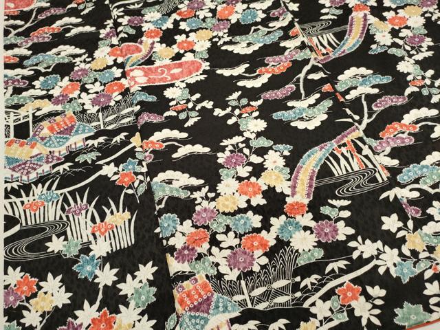 平和屋着物■上質な小紋　流水風景花文　黒地　銀彩　正絹　逸品　DABH1916cd