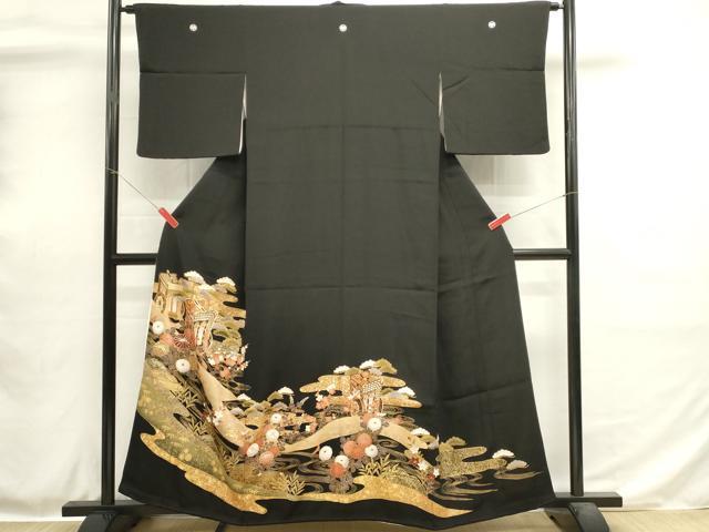 平和屋着物■豪華黒留袖　駒刺繍　御所車花文　金銀彩　正絹　逸品　DABH1918cd