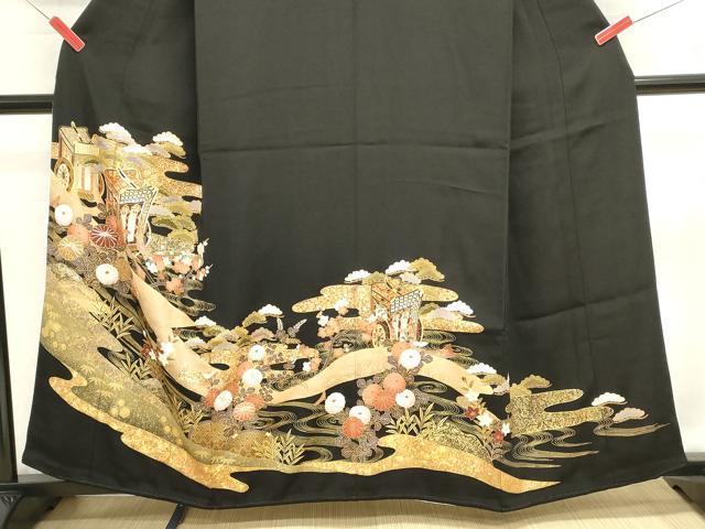 平和屋着物■豪華黒留袖　駒刺繍　御所車花文　金銀彩　正絹　逸品　DABH1918cd