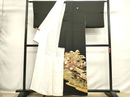 平和屋着物■豪華黒留袖　駒刺繍　御所車花文　金銀彩　正絹　逸品　DABH1918cd