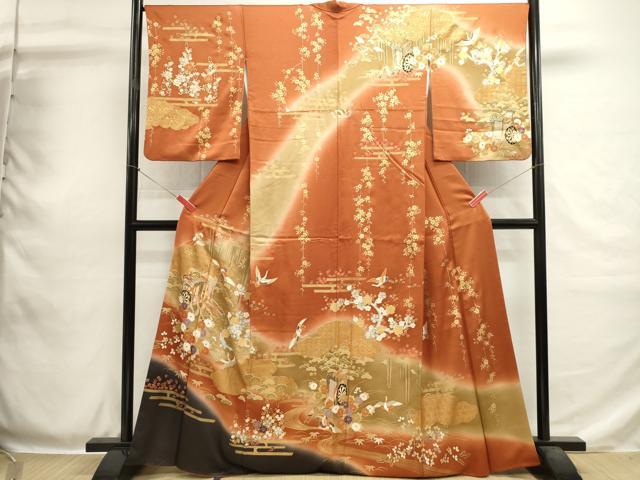 平和屋着物■訪問着　駒刺繍　御所車飛鶴花文　暈し染め　金彩　正絹　逸品　DABH1924cd