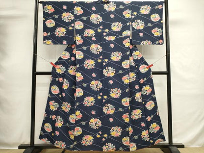平和屋着物■上質な小紋　型染め　花丸文　鬼しぼ縮緬　正絹　逸品　DABH1968cd