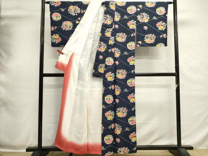平和屋着物■上質な小紋　型染め　花丸文　鬼しぼ縮緬　正絹　逸品　DABH1968cd