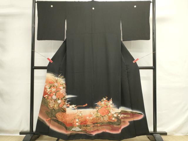 平和屋着物■豪華黒留袖　駒刺繍　花車文　暈し染め　金彩　正絹　逸品　DABH1976cd