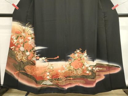 平和屋着物■豪華黒留袖　駒刺繍　花車文　暈し染め　金彩　正絹　逸品　DABH1976cd