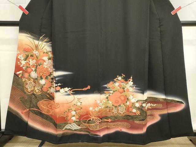 平和屋着物■豪華黒留袖　駒刺繍　花車文　暈し染め　金彩　正絹　逸品　DABH1976cd