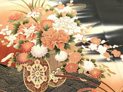 平和屋着物■豪華黒留袖　駒刺繍　花車文　暈し染め　金彩　正絹　逸品　DABH1976cd