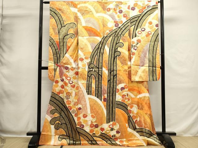 平和屋着物■豪華振袖　駒刺繍　荒波文　菊唐草　金彩　正絹　逸品　DABH1979cd