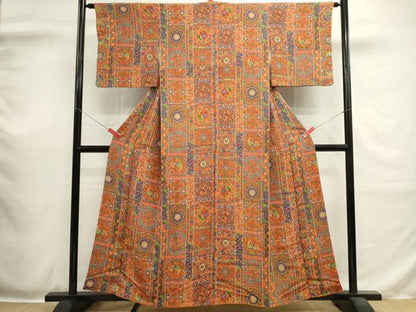平和屋着物■上質な小紋　更紗動物花文　鬼しぼ縮緬　正絹　逸品　DABH1986cd