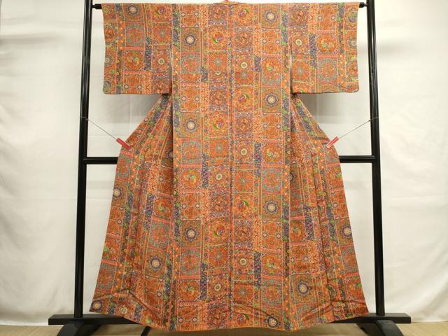 平和屋着物■上質な小紋　更紗動物花文　鬼しぼ縮緬　正絹　逸品　DABH1986cd