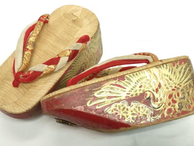 平和屋本店●和装小物 子供 ぽっくり下駄 こっぽり・おこぼ下駄 畳表 金蒔絵 鶴 鈴なし 逸品 DABH2083zzz