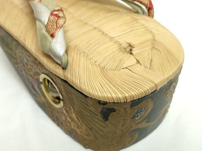 平和屋本店●和装小物　子供　ぽっくり下駄　こっぽり・おこぼ下駄　畳表　金蒔絵　御所車 鶴　逸品　DABH2084zzz