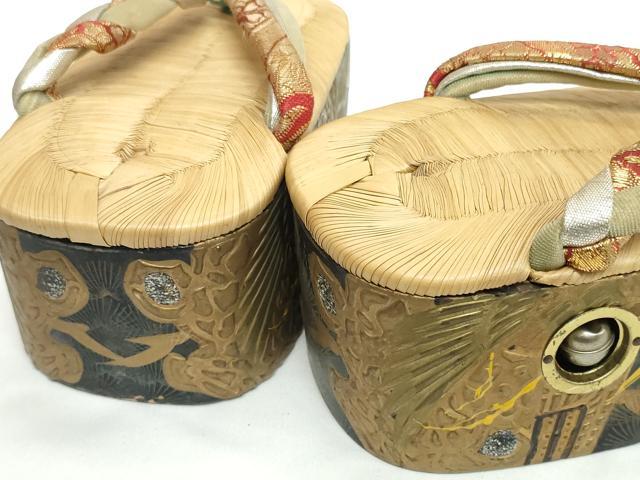 平和屋本店●和装小物　子供　ぽっくり下駄　こっぽり・おこぼ下駄　畳表　金蒔絵　御所車 鶴　逸品　DABH2084zzz