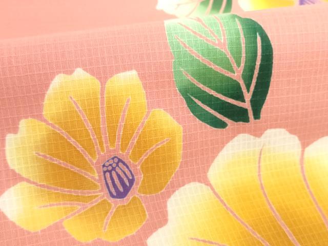 平和屋着物＊夏物　綿紅梅　浴衣　反物　着尺　注染　椿　綿　逸品　未使用　DABH2101zzz