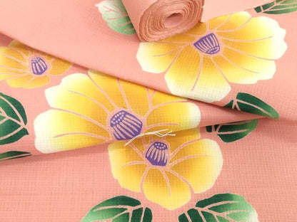 平和屋着物＊夏物　綿紅梅　浴衣　反物　着尺　注染　椿　綿　逸品　未使用　DABH2101zzz
