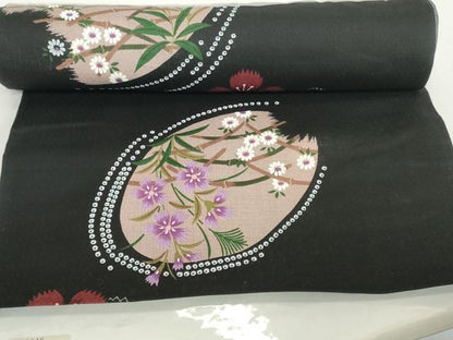 平和屋着物＊夏物　浴衣　反物　着尺　花々　撫子　黒地　綿　未使用　DABH2113zzz