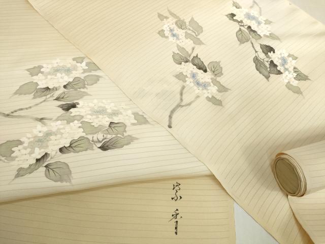 平和屋着物＊夏物　染色作家　桐山紫香　手描き　絽塩瀬　名古屋帯　帯反物　紫陽花　アジサイ　逸品　未使用　DABH2152zzz