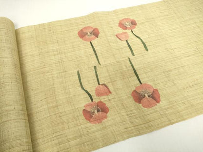 平和屋着物＊夏物　名古屋帯　帯反物　ろうけつ染め　草花文　ポピー　麻　逸品　未使用　DABH2154zzz