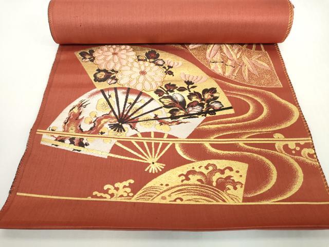 平和屋着物▼アンティーク　大正ロマン　名古屋帯　帯反物　扇面花文　金糸　逸品　未使用　DABH2155zzz