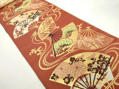 平和屋着物▼アンティーク　大正ロマン　名古屋帯　帯反物　扇面花文　金糸　逸品　未使用　DABH2155zzz